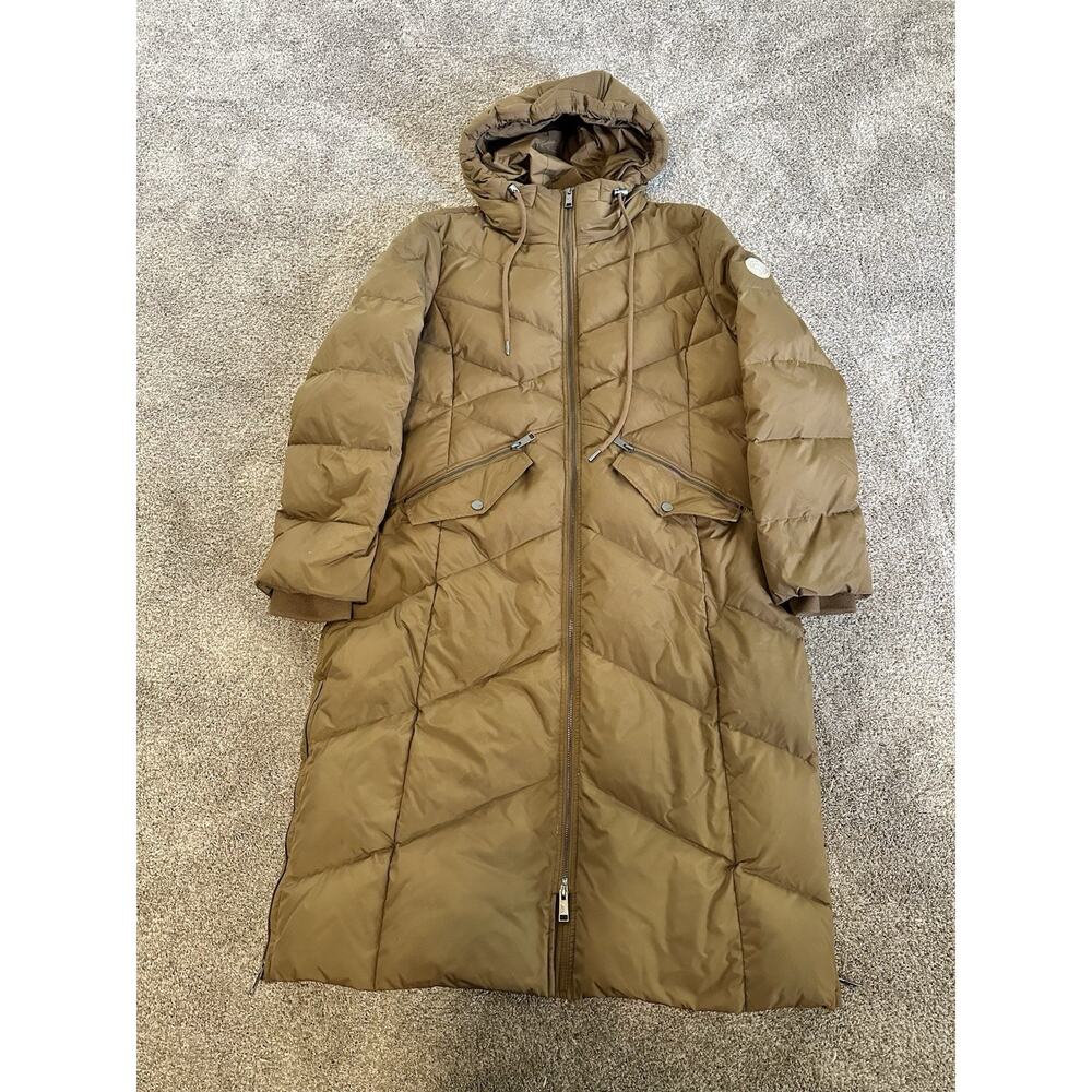 Andrew Marc Down Puffer Coat Womens Large L Brown Hooded Long Parka